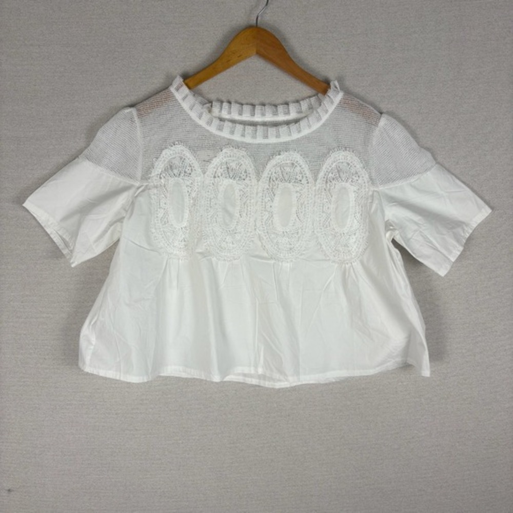 VAOYIU Blouse Womens L White Cotton Cropped Short Sleeve Lace Dainty Romantic‎